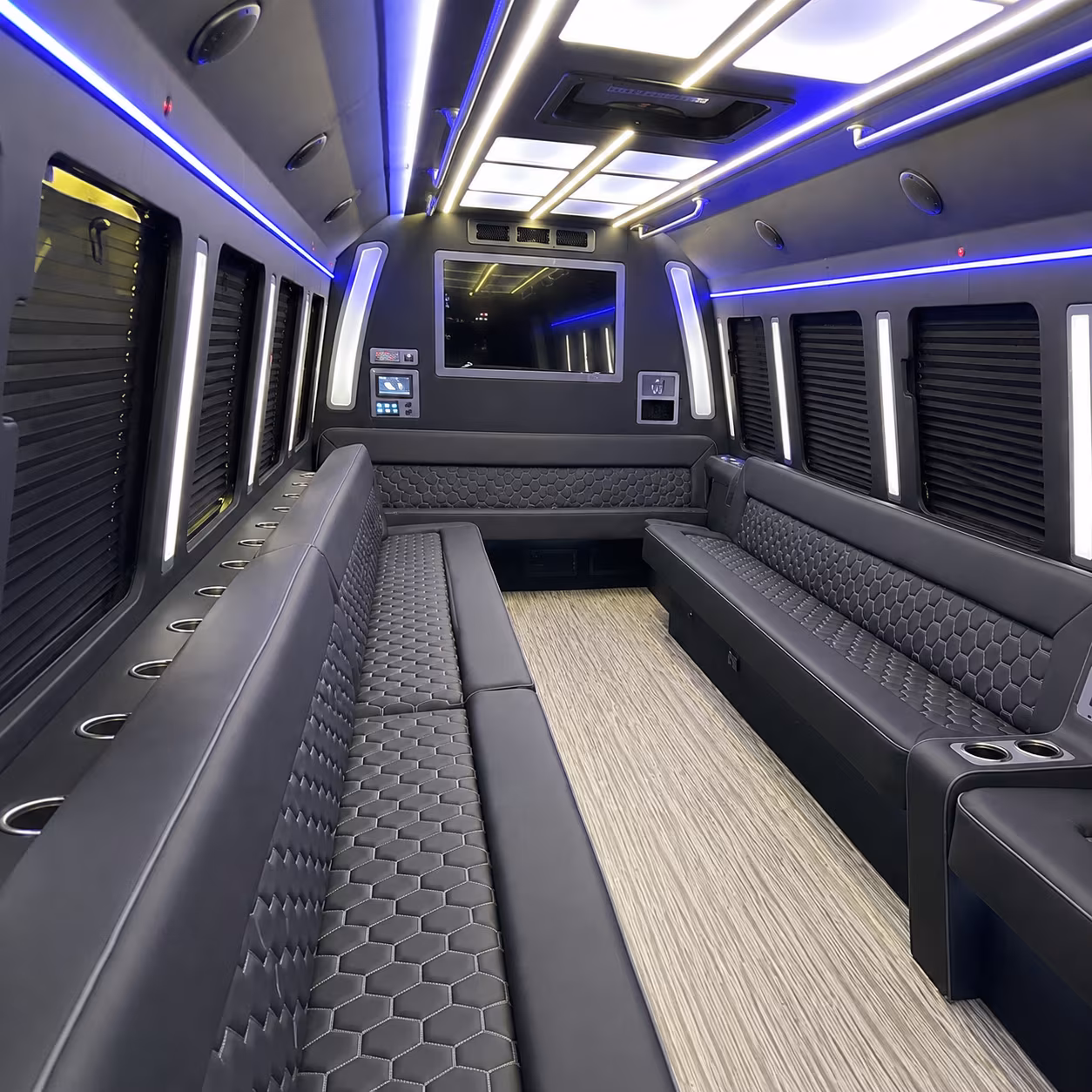 Interior of a party bus rental serving Tampa